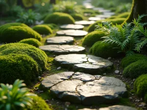 Natural Stone Steps Through Moss - A winding garden path made of irregular natural stone stepping stones, surrounded by lush green moss and small ferns, photographed from a low angle with morning dew glistening, soft natural lighting