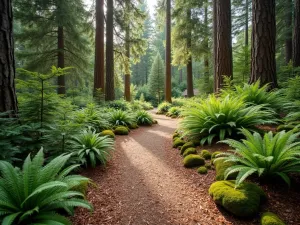 Natural Woodland Trail - A winding garden path made of wood chips and pine needles, bordered by native ferns and moss, dappled sunlight filtering through tall trees above, creating natural woodland ambiance