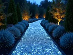 Night Glow Path - Evening shot of modern path with phosphorescent aggregate that glows in the dark, lined with modern uplighting and silver foliage plants