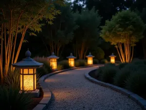 Night-Lit Stone Lantern Path - Evening scene of illuminated stone lanterns along a curved gravel path, surrounded by shadow-casting bamboo and ornamental grasses