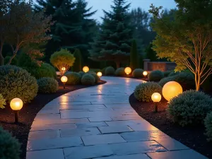 Night-lit Curved Garden Path - Evening shot of a curved slate path illuminated by copper path lights, with glowing orbs and uplighting on architectural plants