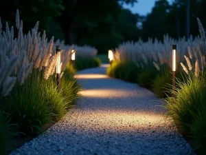 Night-lit Gravel Path - Evening shot of a gray gravel path illuminated by modern LED path lights, with ornamental grasses catching the light and creating dramatic shadows