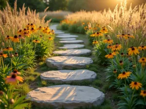 Prairie Style Pathway - Natural limestone stepping stones set among prairie-style planting with echinacea, rudbeckia, and flowing ornamental grasses in golden afternoon light