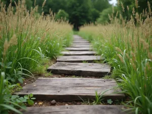 Railroad Tie Steps - Reclaimed railroad tie sections used as rustic stepping stones, surrounded by prairie-style plantings, shot from a low angle