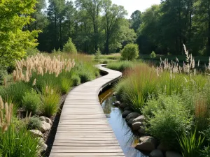 Rain Garden Curved Path - Curved elevated wooden walkway through a rain garden, with ornamental grasses and perennials suited to varying water levels