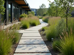 Rain Garden Path - Modern permeable path with rain garden integration, featuring contemporary boardwalks over bioswales with ornamental grasses