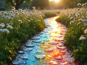 Rainbow Curved Path - Close-up of a curving path made from colored glass and resin, creating a rainbow effect when sunlit, bordered by white flowers