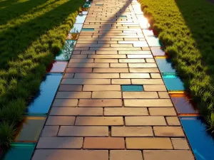 Rainbow Glass Block Edge - Aerial view of a modern path with colored glass block edging creating prismatic effects in sunlight