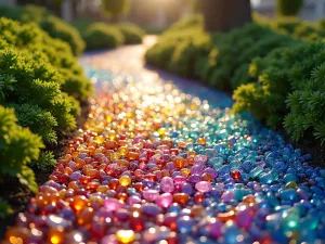 Rainbow Glass Path - Close-up of a unique garden path made with recycled colored glass mulch, creating a sparkling rainbow effect in sunlight