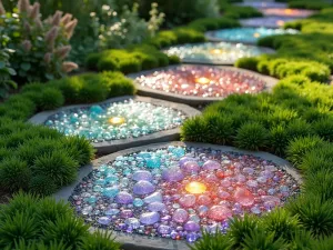 Rainbow Glass Path - Stepping stones embedded with colored recycled glass pieces creating a sparkling rainbow effect, surrounded by green groundcover