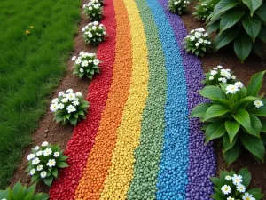 Rainbow Gravel Path - Aerial view of a playful garden path using different colored gravels in a rainbow pattern, bordered by white flowering plants for contrast