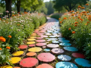 Rainbow Wood Slice Path - A whimsical garden path made from painted wood slices in rainbow colors, bordered by wildflowers, wide angle view