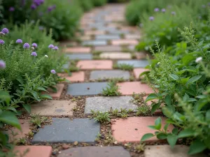 Recycled Brick Pathway - Close-up of a rustic path made from reclaimed bricks of various colors, with thyme and creeping jenny growing between the cracks