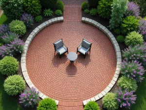 Recycled Brick Spiral Path - Aerial view of a spiral path made from reclaimed red bricks, leading to a central seating area, bordered by purple salvias and white gaura