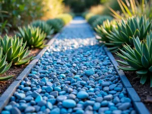 Recycled Glass Edge - Close-up of a modern path edge made from recycled blue glass chunks, catching sunlight with succulents along the border