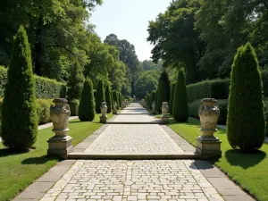 Renaissance Stone Walk - Formal stone pathway with intricate patterned paving, surrounded by perfectly trimmed topiary and classical statuary