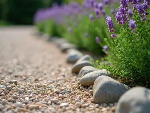 River Rock Border Path - Close-up of a gravel path edged with smooth river rocks, featuring creeping thyme spilling over the edges and purple salvia in the background