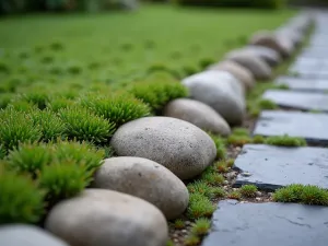 River Rock Edge Detail - Close-up detail of smooth river rocks forming a decorative edge along a slate pathway, with creeping thyme growing between rocks