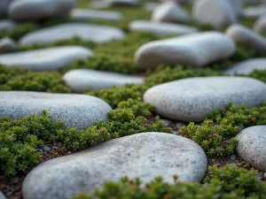 River Rock Garden Path - Close-up of smooth river rocks arranged in a flowing pattern, with creeping thyme growing between stones