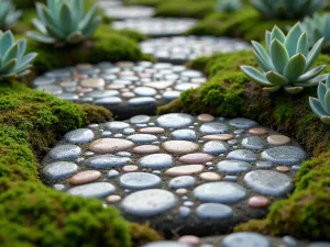 River Rock Mosaic - Close-up of handcrafted stepping stones made from river rock mosaics, surrounded by Irish moss and alpine plants