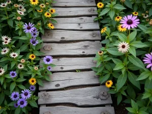 Rustic Cottage Boardwalk - Aerial view of a weathered wooden boardwalk path through a cottage garden, with purple coneflowers and black-eyed susans growing between the boards