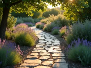 Rustic Natural Stone Path - A winding garden path made of irregular natural stone slabs, bordered by lavender and thyme, golden sunlight filtering through overhead trees creating dappled shadows on the weathered stone surface