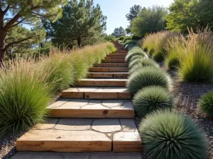 Rustic Railroad Tie Steps - Wide-angle view of garden steps made from weathered railroad ties, flanked by drought-tolerant succulents and ornamental grasses on a sloped garden