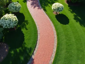 Rustic Red Brick Walkway - An aerial view of a meandering red brick garden path with weathered edges, surrounded by lush green lawn and white flowering dogwood trees, creating a classic American garden scene