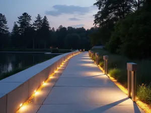 Sculptural Light Path - Evening view of modern path with sculptural light bollards, clean lines in pale concrete with geometric shadow patterns