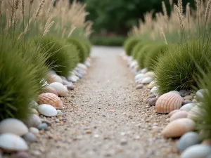 Seashell Border Detail - Close-up of a coastal garden path edged with large seashells and beach grasses, creating a seaside atmosphere