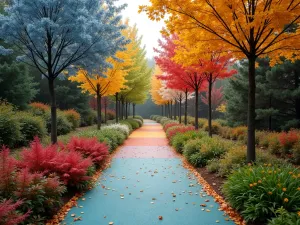 Seasonal Color Path - A path that changes color with the seasons using thermochromic materials, surrounded by seasonal plants, showing multiple seasons in one shot