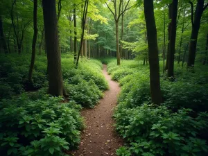 Secret Forest Garden - Aerial view of hidden woodland path revealed through dense canopy, showing multiple connecting paths through native understory plantings