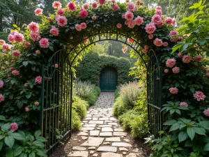 Secret Garden Archway Path - A mysterious garden path passing through an iron archway covered in climbing roses and clematis, leading to a hidden garden room