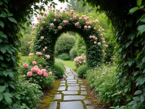 Secret Garden Cottage Path - Wide angle view of a moss-covered stone path leading through an arch of climbing roses and clematis, with cottage garden perennials creating a tunnel effect