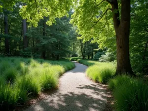 Shade Garden Trail - Crushed granite path winding through mature hostas and Japanese forest grass, dappled shade creating natural light patterns