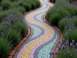 Spiral Mosaic Path - A winding garden path made from colorful mosaic tiles in a spiral pattern, bordered by lavender and ornamental grasses, photographed from above