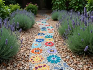 Spiral Mosaic Path - Artistic spiral path created with colorful mosaic tiles and pebbles, surrounded by Mediterranean herbs and compact lavender plants