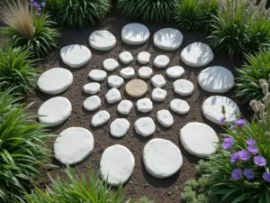 Spiral Stone Journey - Aerial view of spiral-arranged stepping stones in varying sizes, surrounded by ornamental grasses and purple salvias