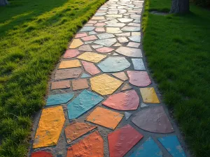 Stained Glass Path - A path made from colored concrete designed to look like stained glass, with metal inlays creating lead-like lines, aerial view