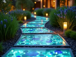 Steel and Glass Path - Close-up of modern garden path made with steel-edged glass panels filled with colored recycled glass, backlit for evening ambiance