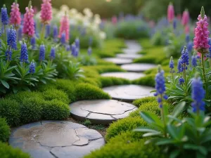 Stepping Stone Cottage Path - Aerial view of round stepping stones set in creeping thyme, creating a whimsical path through cottage garden flowers, with foxgloves and delphiniums in soft focus background