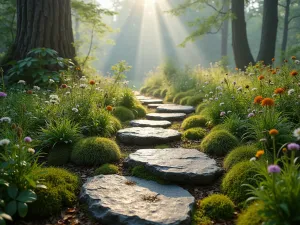 Stepping Stone Forest Path - Natural irregular stone stepping stones embedded in moss, creating a meandering path through woodland wildflowers and native ground cover, morning mist in background