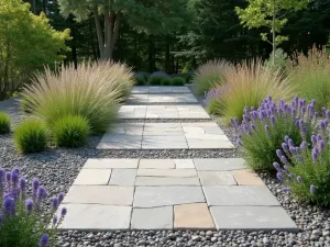 Stone and Gravel Mix Path - Wide view of large stone slabs set in decorative gravel, lined with ornamental grasses and purple salvias