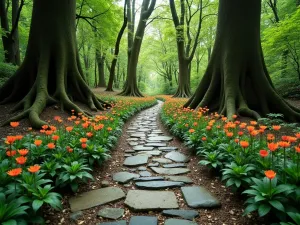 Stone and Root Path - Wide-angle view of natural stone path intertwining with exposed tree roots, bordered by wood anemones and solomon's seal, creating a magical forest feel