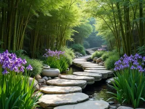 Stone and Water Path - Natural stone pathway integrated with small stream crossings, surrounded by iris and sacred bamboo, with stone basin feature