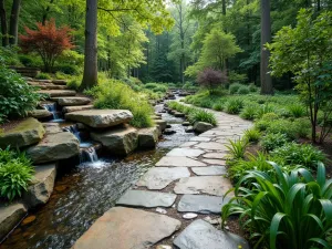 Natural Stream-Side Path - Wide-angle view of a curved natural stone path following the contours of a garden stream, with moisture-loving plants and small waterfalls