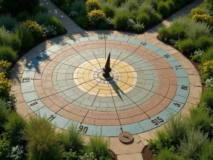 Sundial Path - A circular path designed as a working sundial with metal hour markers, surrounded by low-growing herbs, viewed from above