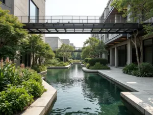 Suspended Steel Path - Wide shot of elevated steel mesh pathway over modern water garden, with architectural plants and minimal concrete elements