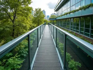 Suspended Steel Walk - Aerial view of a slightly elevated steel mesh walkway with glass sides, running through a modern green roof garden