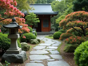 Traditional Tea House Path - Close-up of traditional Japanese stone path leading to a wooden tea house, bordered by carefully pruned azaleas and featuring antique stone lanterns